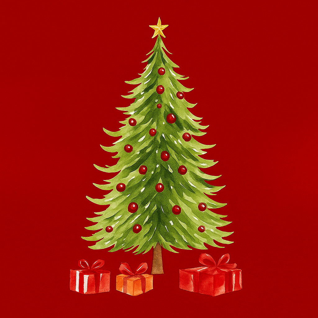 Green Christmas tree with red ornaments and presents on a red background
