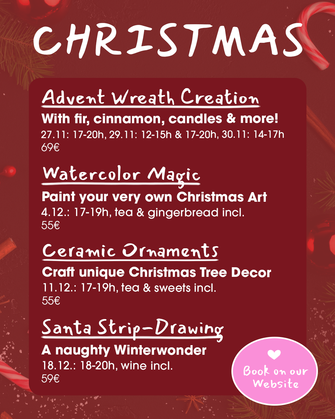 Red poster with Christmas event details on a red background