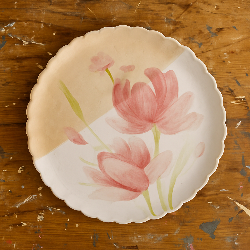 Decorative plate with pink floral design on a wooden surface