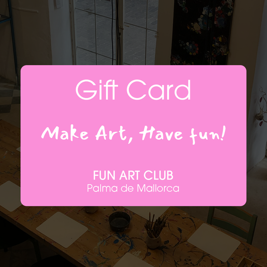Pink gift card with text 'Make Art, Have Fun!' from Fun Art Club in Palma de Mallorca.