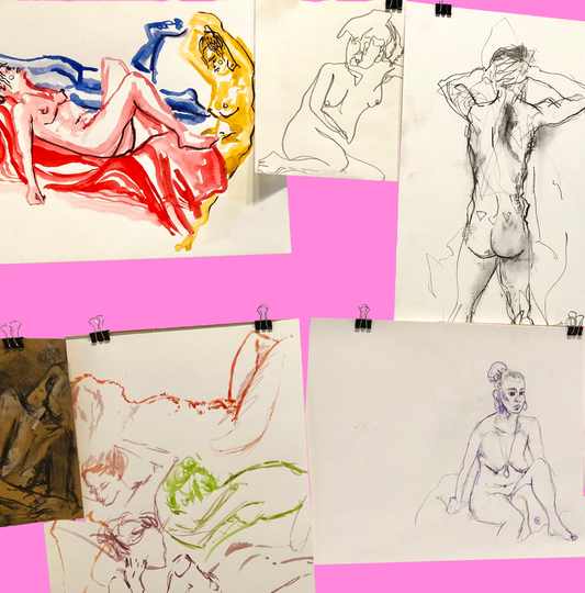 Collage of various drawings of nude figures on a pink background