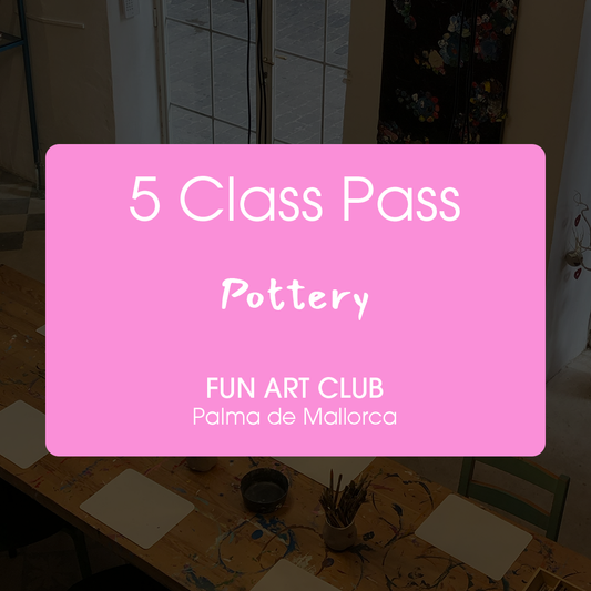 Pink sign with '5 Class Pass Pottery' text over a blurred pottery studio background