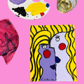 Artistic depiction of two faces with a color palette and glass of wine on a pink background