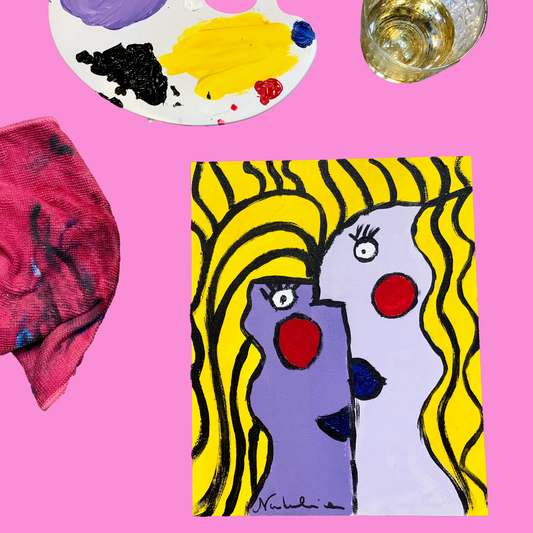 Artistic depiction of two faces with a color palette and glass of wine on a pink background